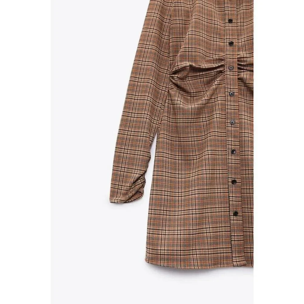 ZARA CHECK DRAPED BUTTONED DRESS NEW KHAKI